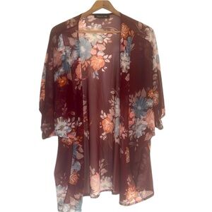 Tiffany & Grey Cardigan Sheer Maroon Burgundy Floral Size Large